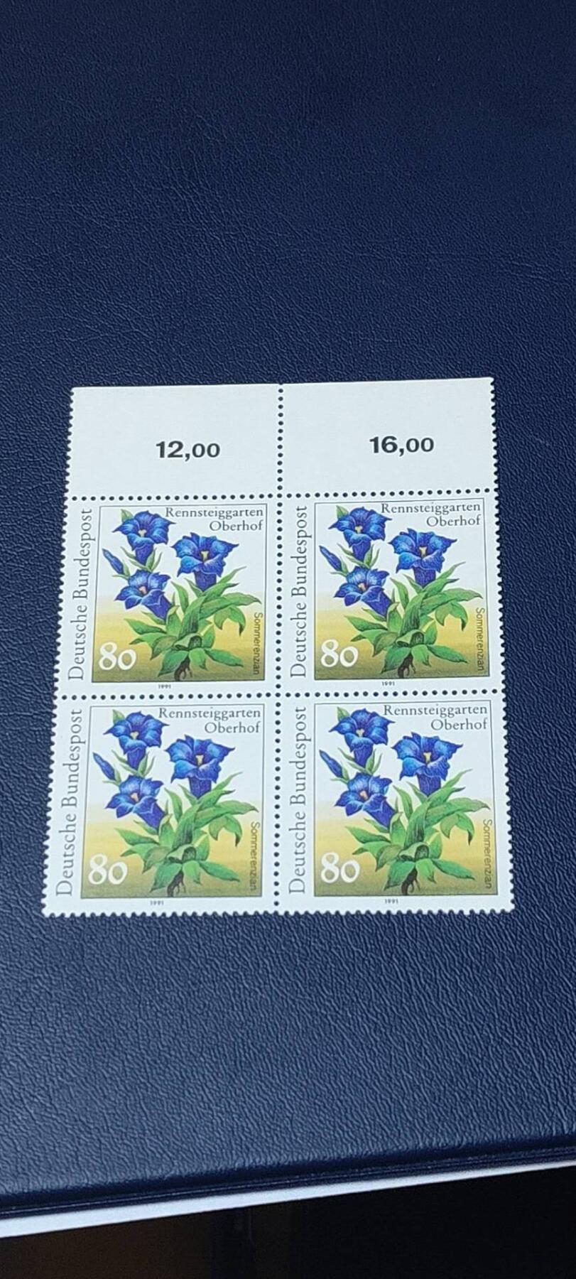 德国邮票拍场，都是四方联，清仓大甩卖 德国邮票四方联一张，1991年发行，植物花卉。品相如图