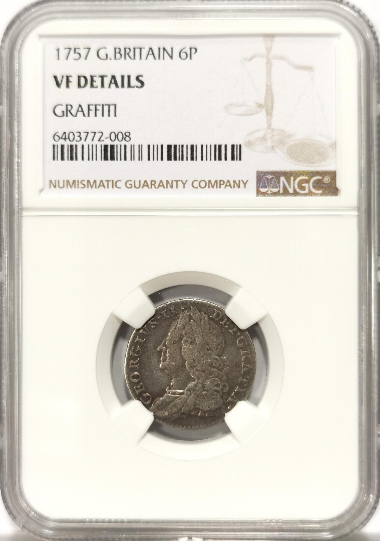 博洋堂“春风得意”四月精品专场暨第120期（全场包邮） NGC VFD 英国1757年乔治二世6便士银币