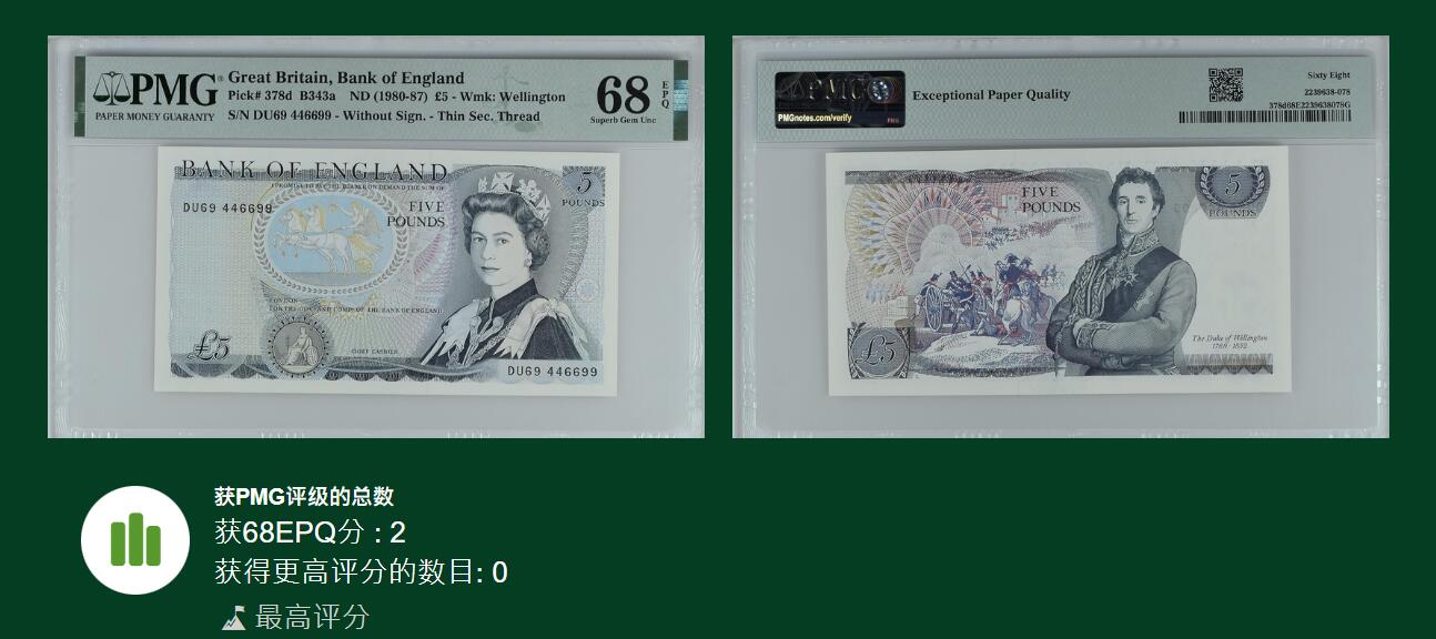 《艾美收藏》第196期-周日外币精品 英国D序列1980-87年5镑PMG68E唯二冠军分数三组合三对子 稀少无签名版 Without Sign 细安全线 Pick#378d