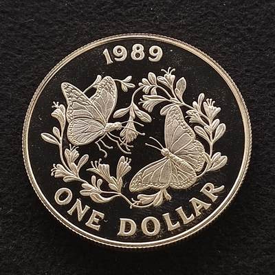 0起1加再包邮-纯粹捡漏拍-422套币银币场 - 【少见】百慕大群岛1989年1元帝王蝶保护精制克朗型纪念银币-量5000