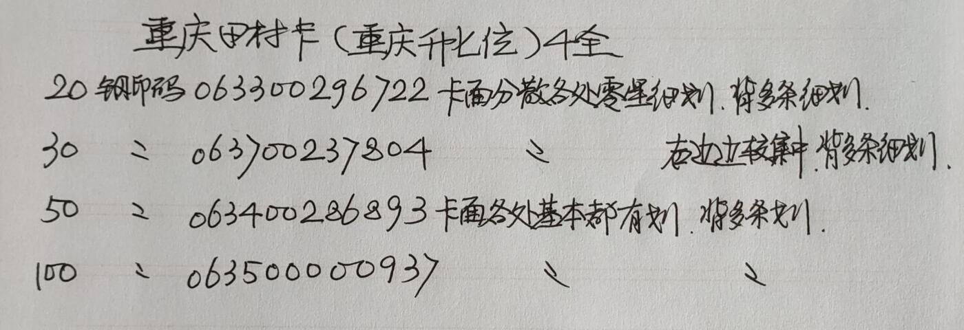 公藏第43期裸卡拍卖 重庆田村卡（重庆号码升七位）4全拼图卡，品相钢印码见描述。