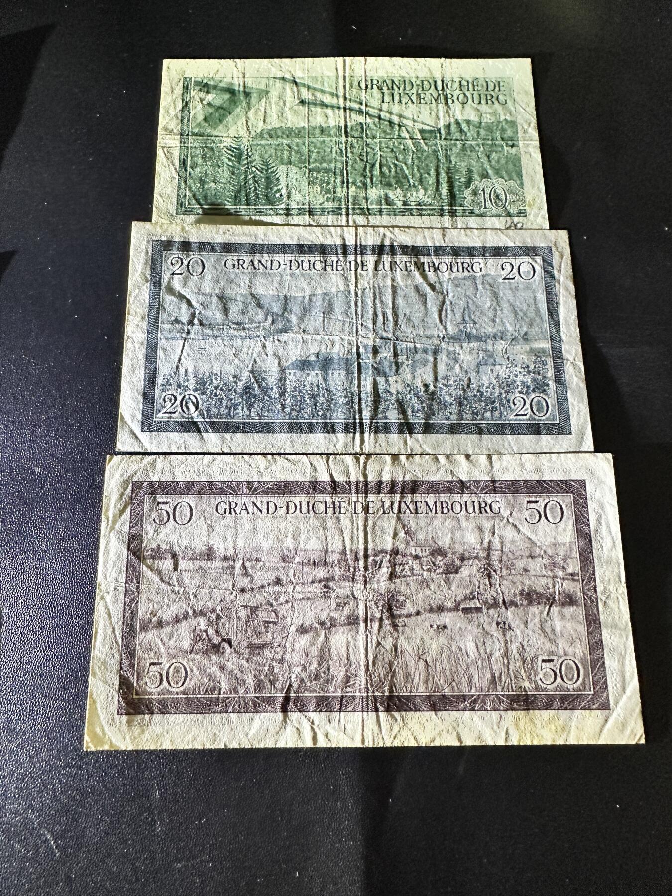 《外钞收藏家》第五百一十七期（五一假期畅拍场）（本平台长期征集拍品、欢迎联系） 卢森堡10、20、50法郎 三张一起 非全新 品相如图