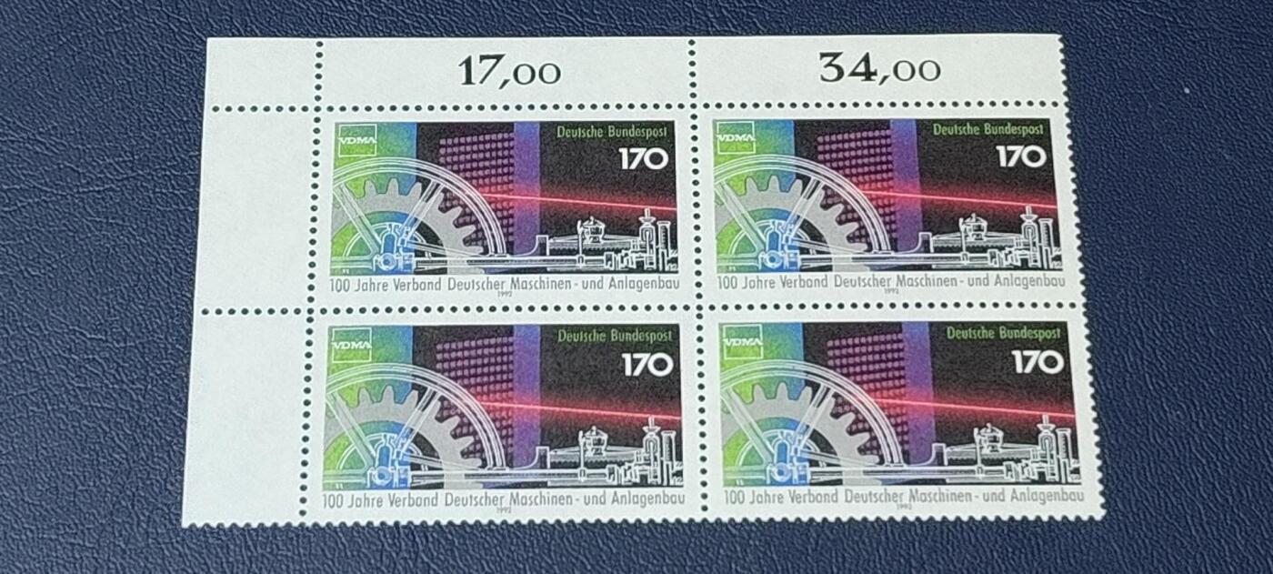 德国邮票拍场，都是四方联，清仓大甩卖 德国邮票四方联一张，1992年发行，德国机床设备制造协会百年  奥托发动机。品相如图