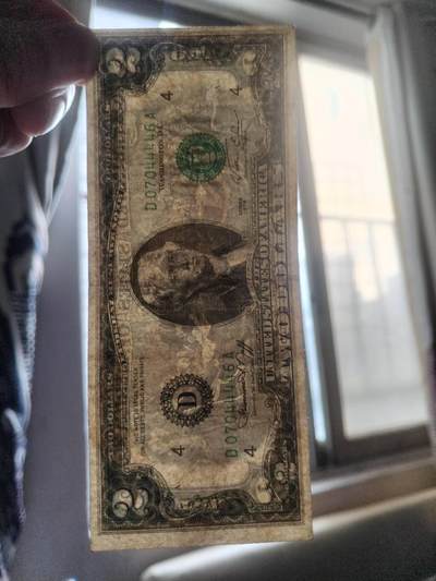 纸币专场 1976年 二美元纪念钞。靓号：07044446。