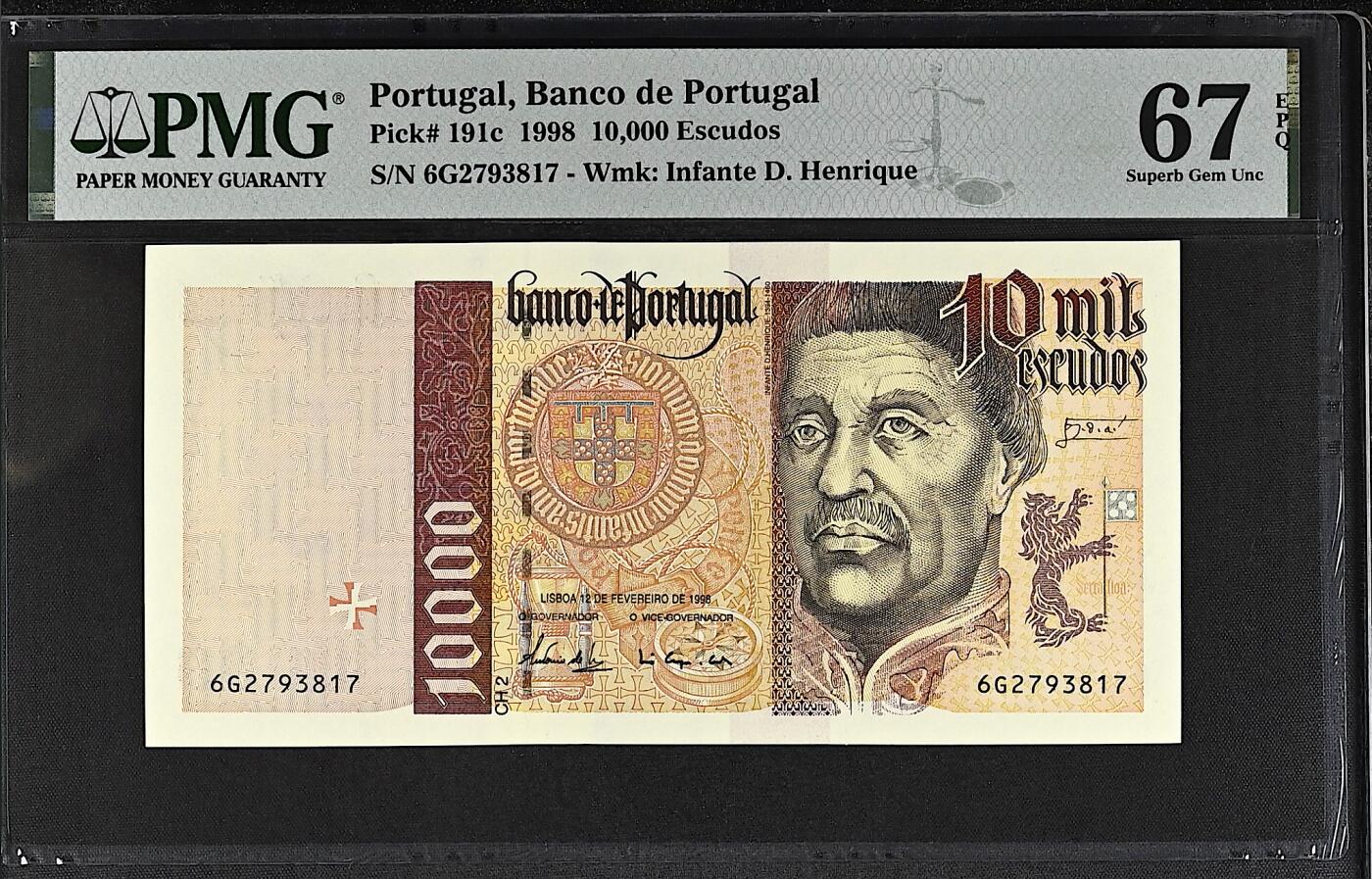 《艾美收藏》第196期-周日外币精品 葡萄牙10000埃斯库多 PMG67E 末版大航海 葡萄牙航海家亨里克王子 无4