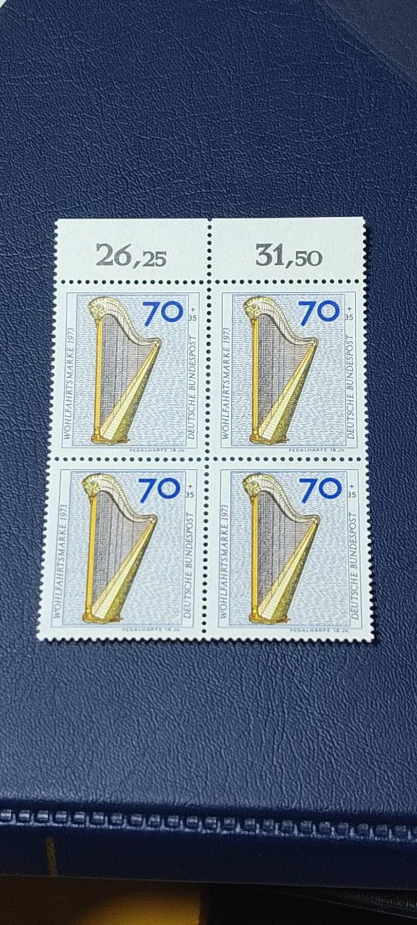 德国邮票拍场，都是四方联，清仓大甩卖 德国邮票四方联一张，1973年发行，乐器系列邮票—竖琴。品相如图
