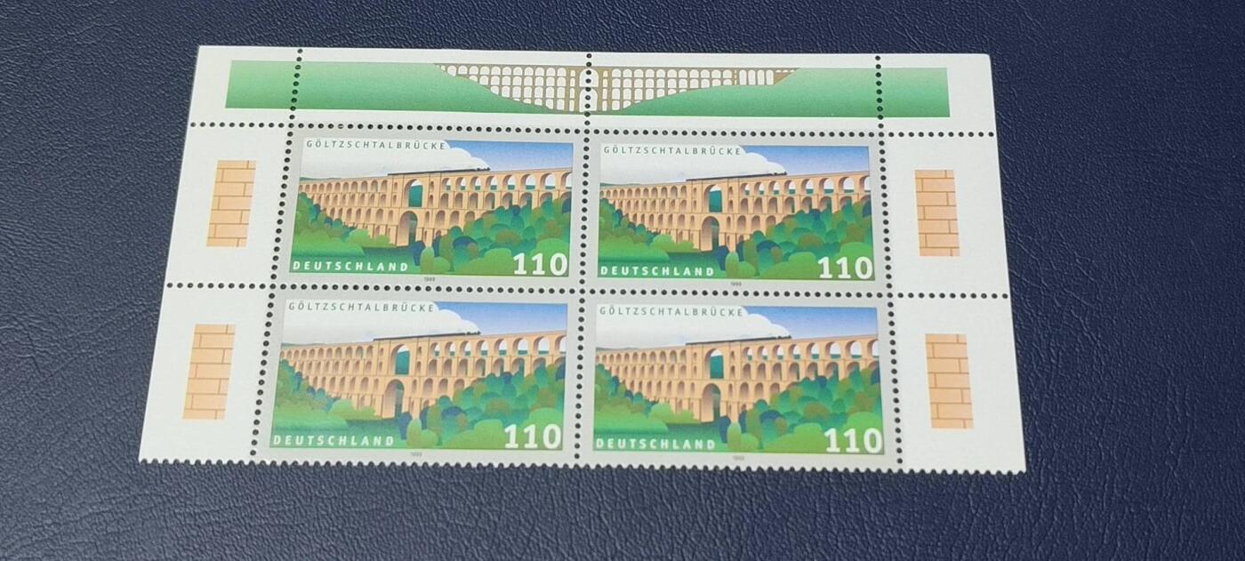 德国邮票拍场，都是四方联，清仓大甩卖 德国邮票四方联一张，1999年发行，高尔茨山谷铁路大桥。品相如图