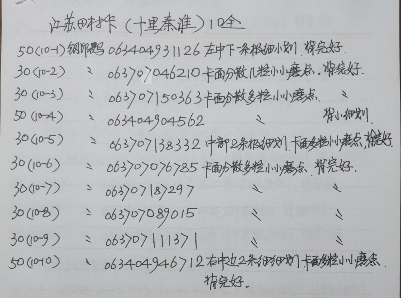 公藏第43期裸卡拍卖 江苏田村卡（十里秦淮）10全拼图卡，品相钢印码见描述。