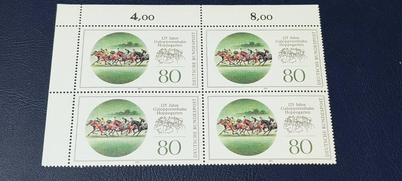 德国邮票拍场，都是四方联，清仓大甩卖 德国邮票四方联一张，1993年发行，赛马125周年。品相如图