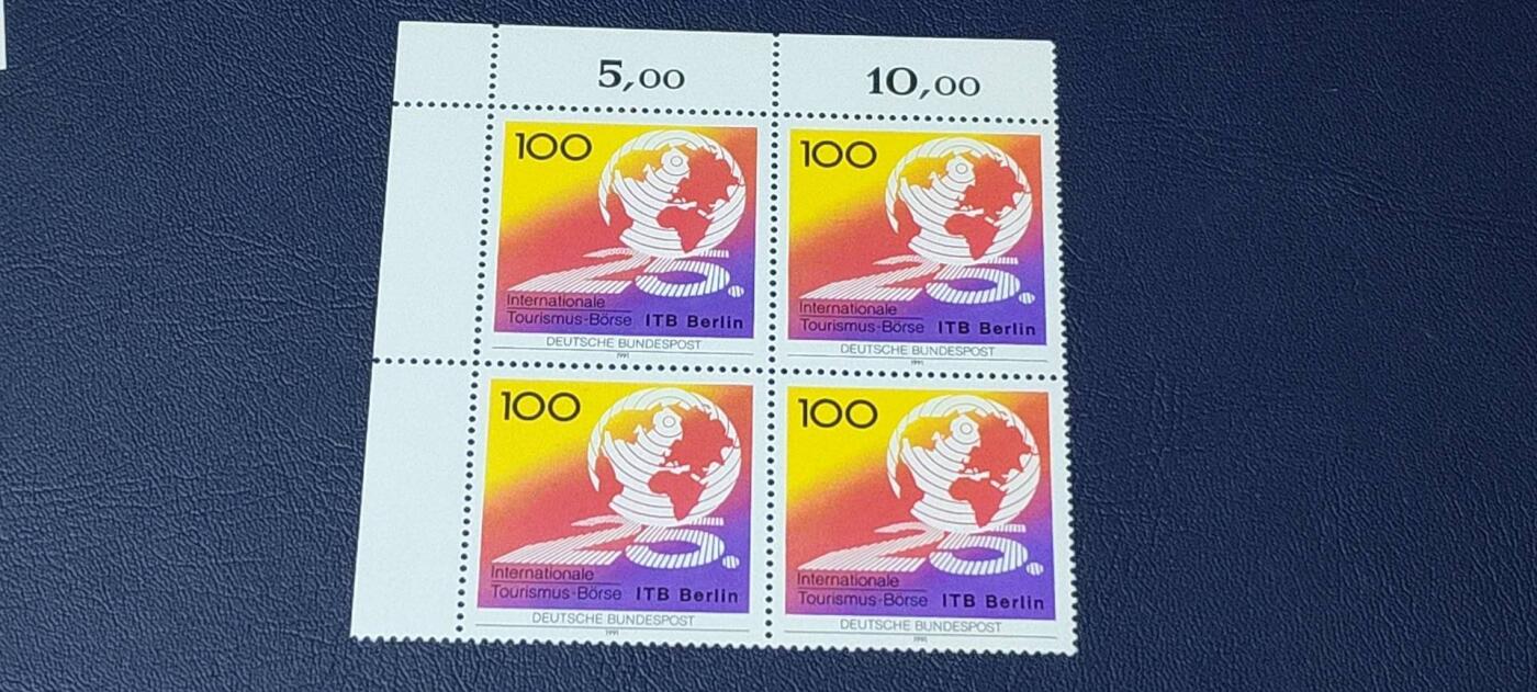 德国邮票拍场，都是四方联，清仓大甩卖 德国邮票四方联一张，1991年发行，柏林国际旅游业交流会。品相如图