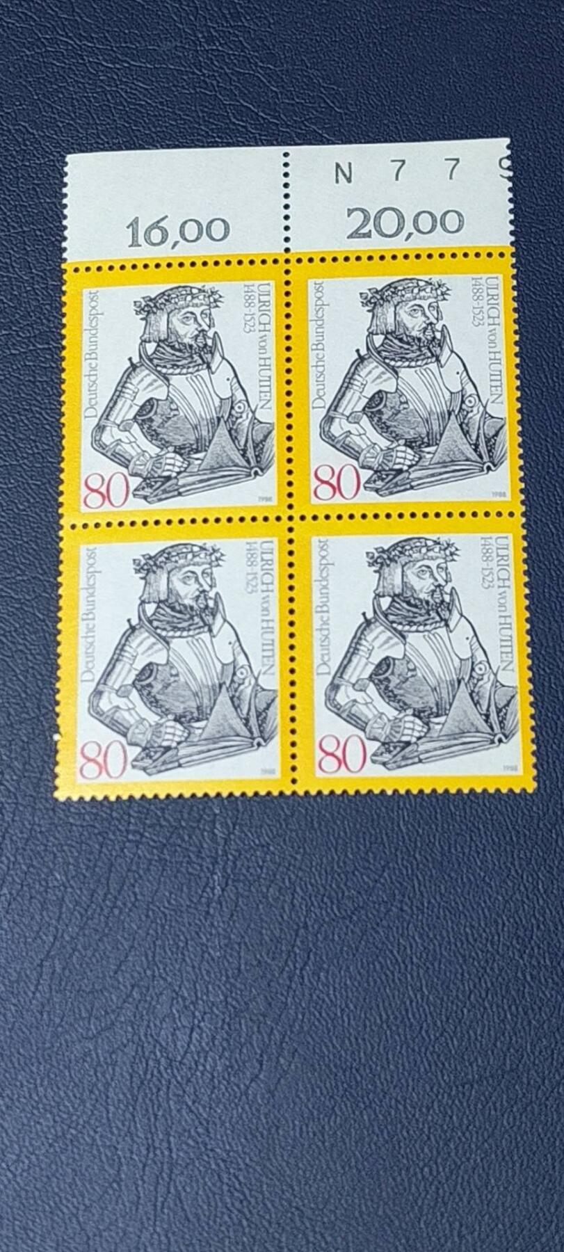 德国邮票拍场，都是四方联，清仓大甩卖 德国邮票四方联一张，1988年发行，名人 荷腾堡公爵。品相如图