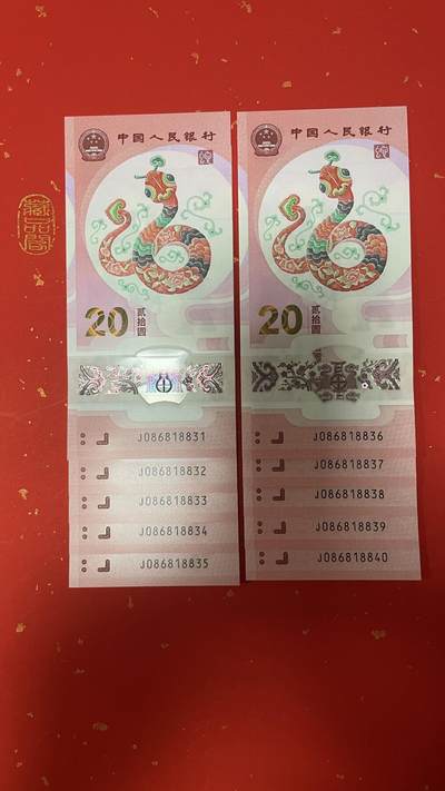 2025年蛇年贺岁纪念钞、0869国门号开头【J086818831-840 标十】