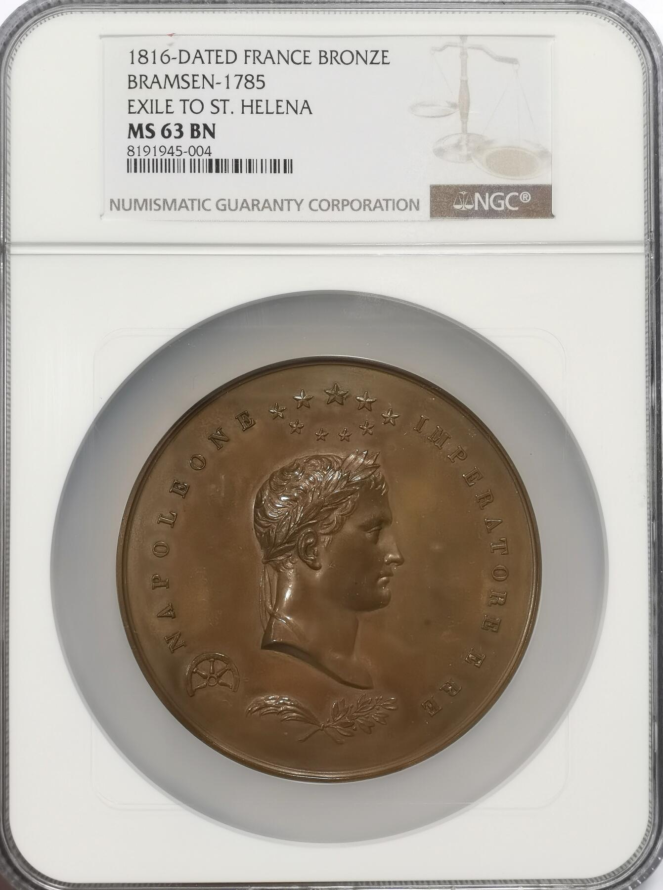 博洋堂“春风得意”四月精品专场暨第120期（全场包邮） NGC MS63 拿破仑1816年超巨大铜章70mm，唯一冠军！背面法兰西之鹰攻击海力克斯，意欲拿破仑遭到放逐。构图精美，体态巨大震撼！