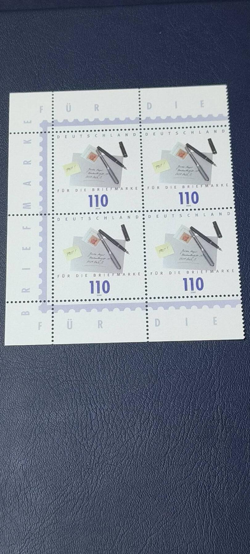 德国邮票拍场，都是四方联，清仓大甩卖 德国邮票四方联一张，2000年发行，钢笔  信封  写信  艺术设计。品相如图
