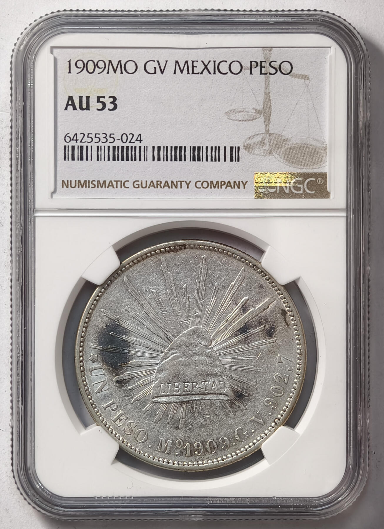 紫瑗钱币——第570期 墨西哥 1909年 MO GV在华流通 直边鹰洋 1比索 银币 NGC AU53