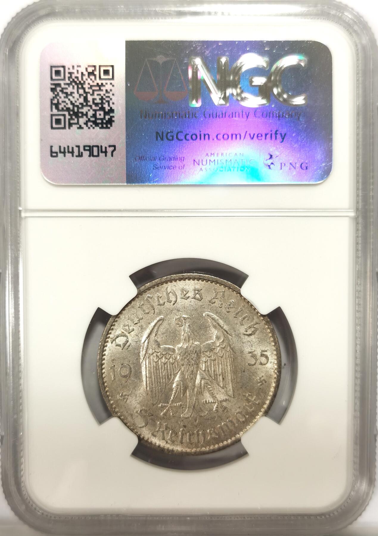 博洋堂“春风得意”四月精品专场暨第120期（全场包邮） NGC MS60 德国1935年A版教堂5马克银币，转光明显，压分可重评