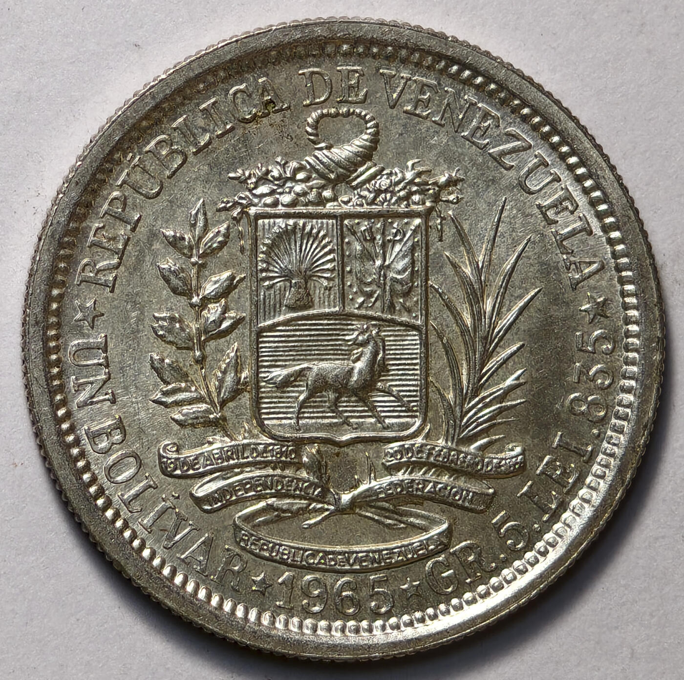 紫瑗钱币——第540期 委内瑞拉 1965年 1玻利瓦尔 5克 0.835银 UNC