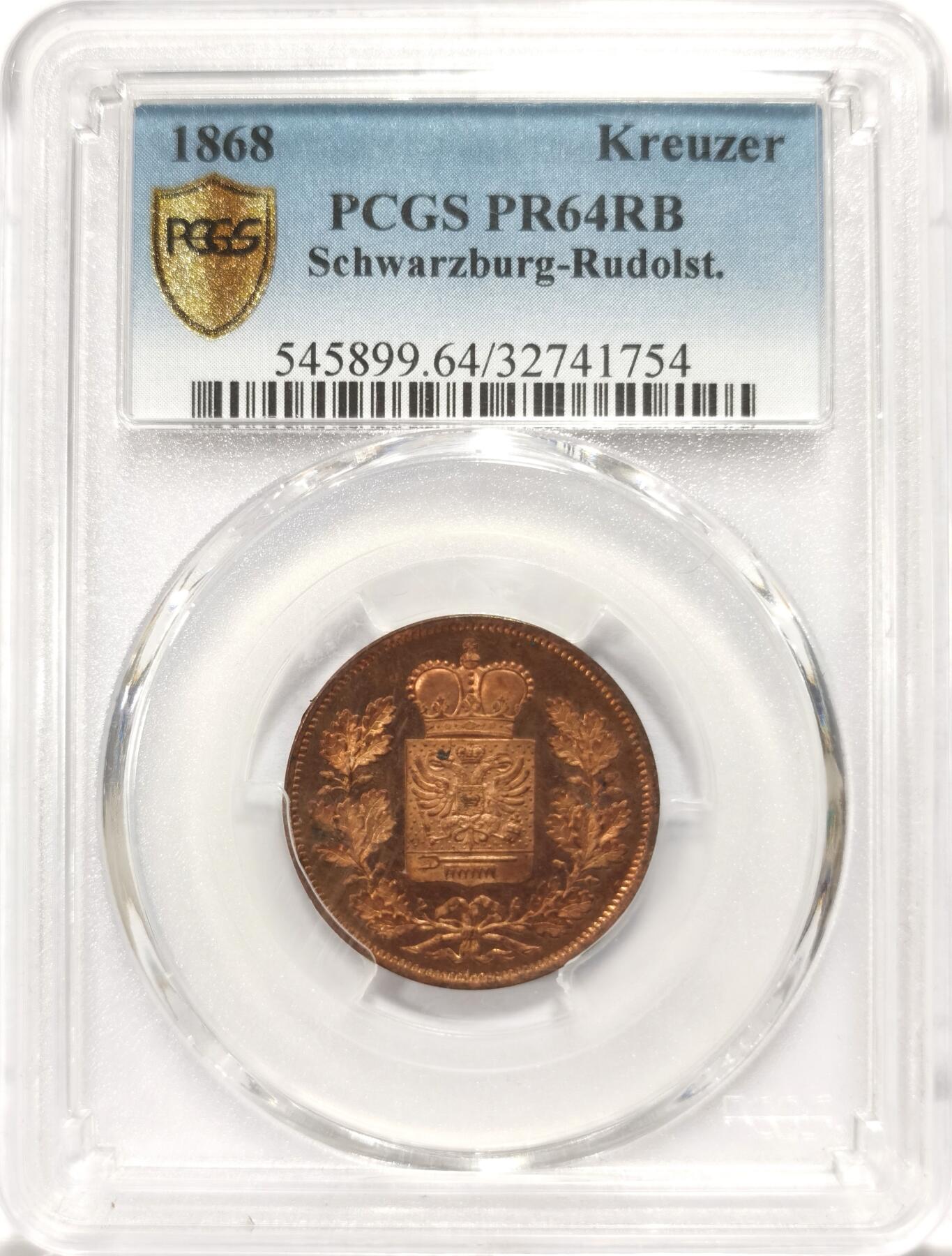 博洋堂“春风得意”四月精品专场暨第120期（全场包邮） PCGS PR64RB 1868年德国施瓦茨堡-鲁道尔斯特精制1克洛泽大铜币，N、P双料唯一冠军分。极为罕见的早期小邦精制币。非常小的邦国，流通币就极为罕见，精制币近20年仅见此枚。此枚镜面底板，红铜光满溢。类似的小邦精制高分RB级别铜辅币近三年外拍曾有1020美元的价格
