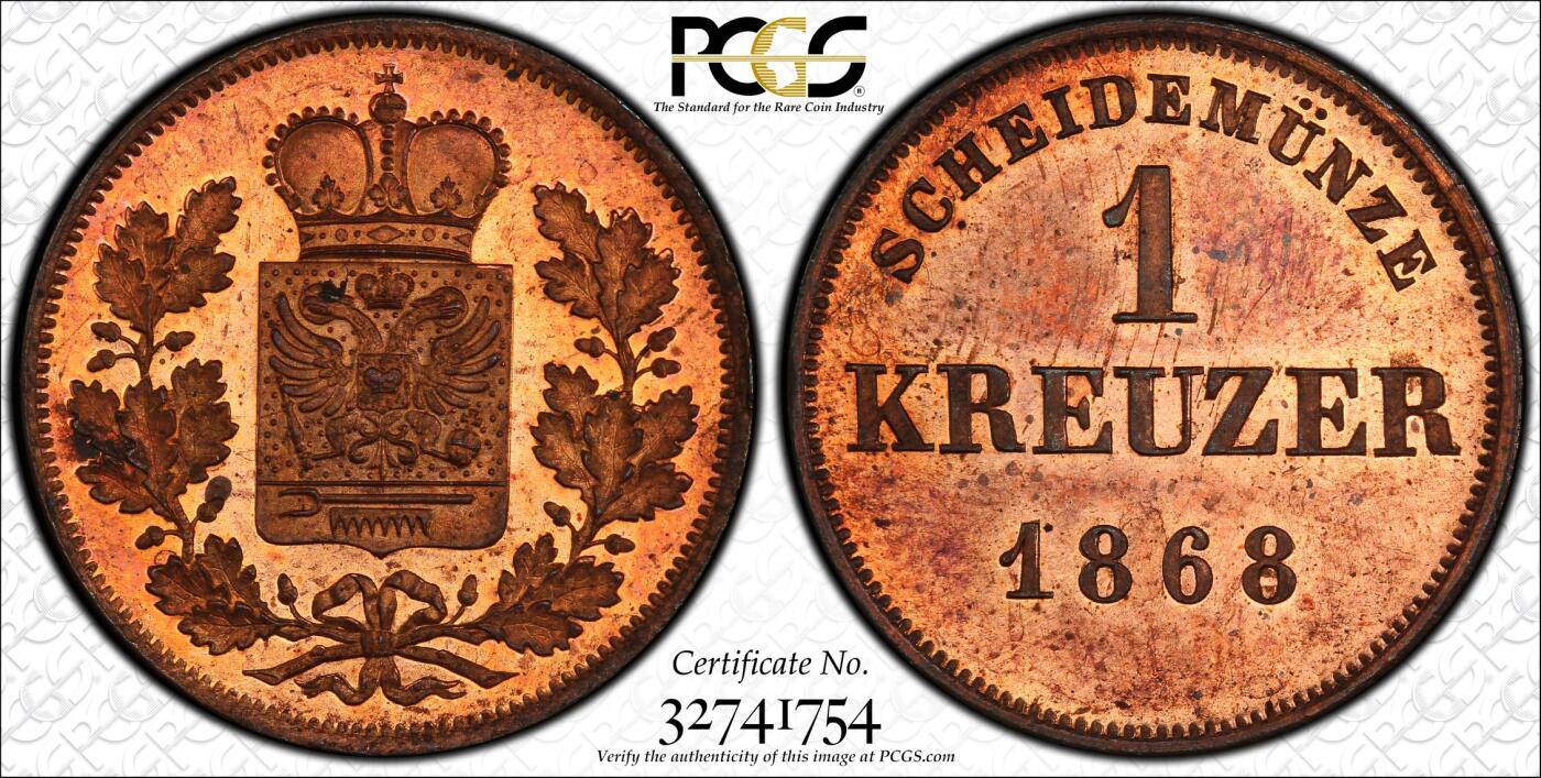 博洋堂“春风得意”四月精品专场暨第120期（全场包邮） PCGS PR64RB 1868年德国施瓦茨堡-鲁道尔斯特精制1克洛泽大铜币，N、P双料唯一冠军分。极为罕见的早期小邦精制币。非常小的邦国，流通币就极为罕见，精制币近20年仅见此枚。此枚镜面底板，红铜光满溢。类似的小邦精制高分RB级别铜辅币近三年外拍曾有1020美元的价格