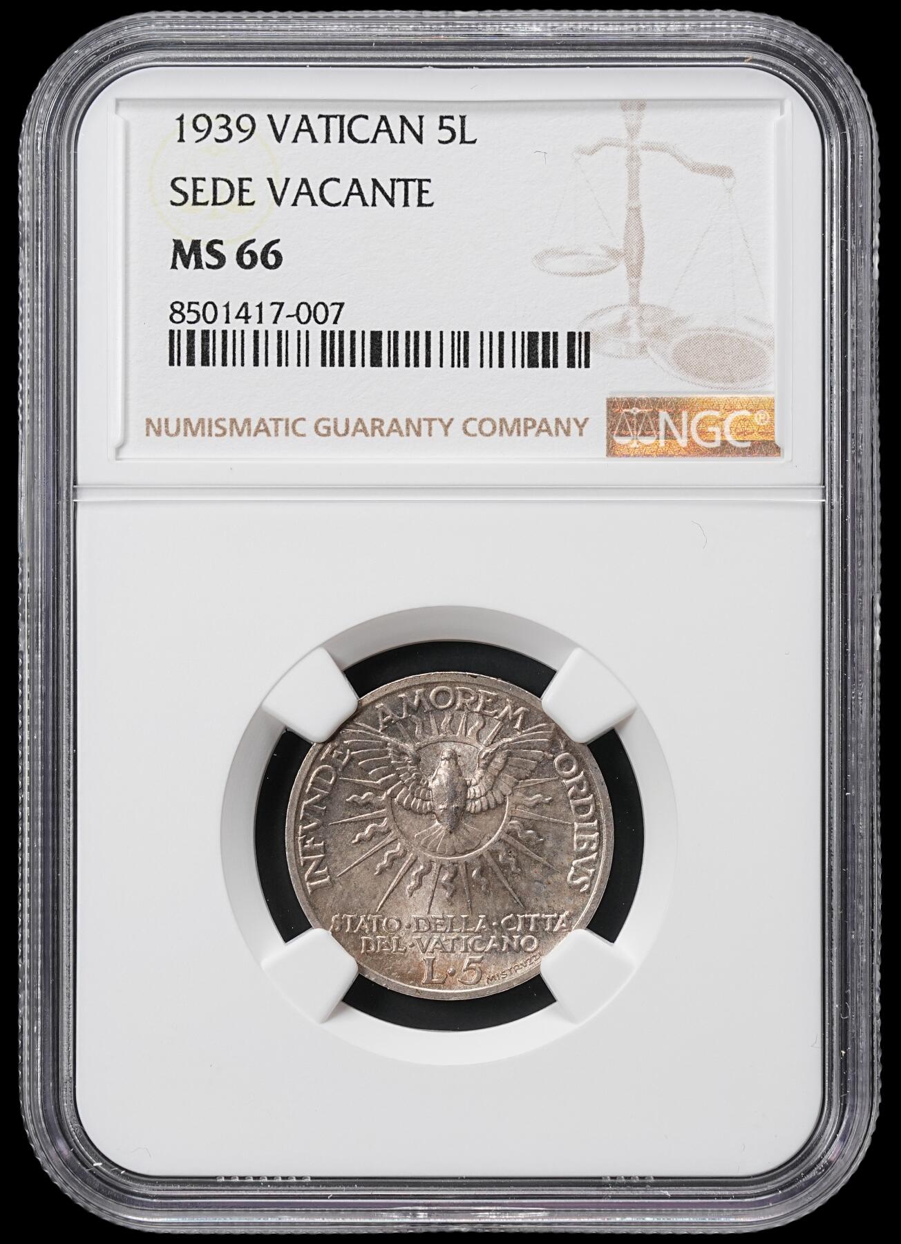 修遠堂世界钱币第六十七期 NGC MS66 1939年梵蒂冈教皇缺位5里拉银币