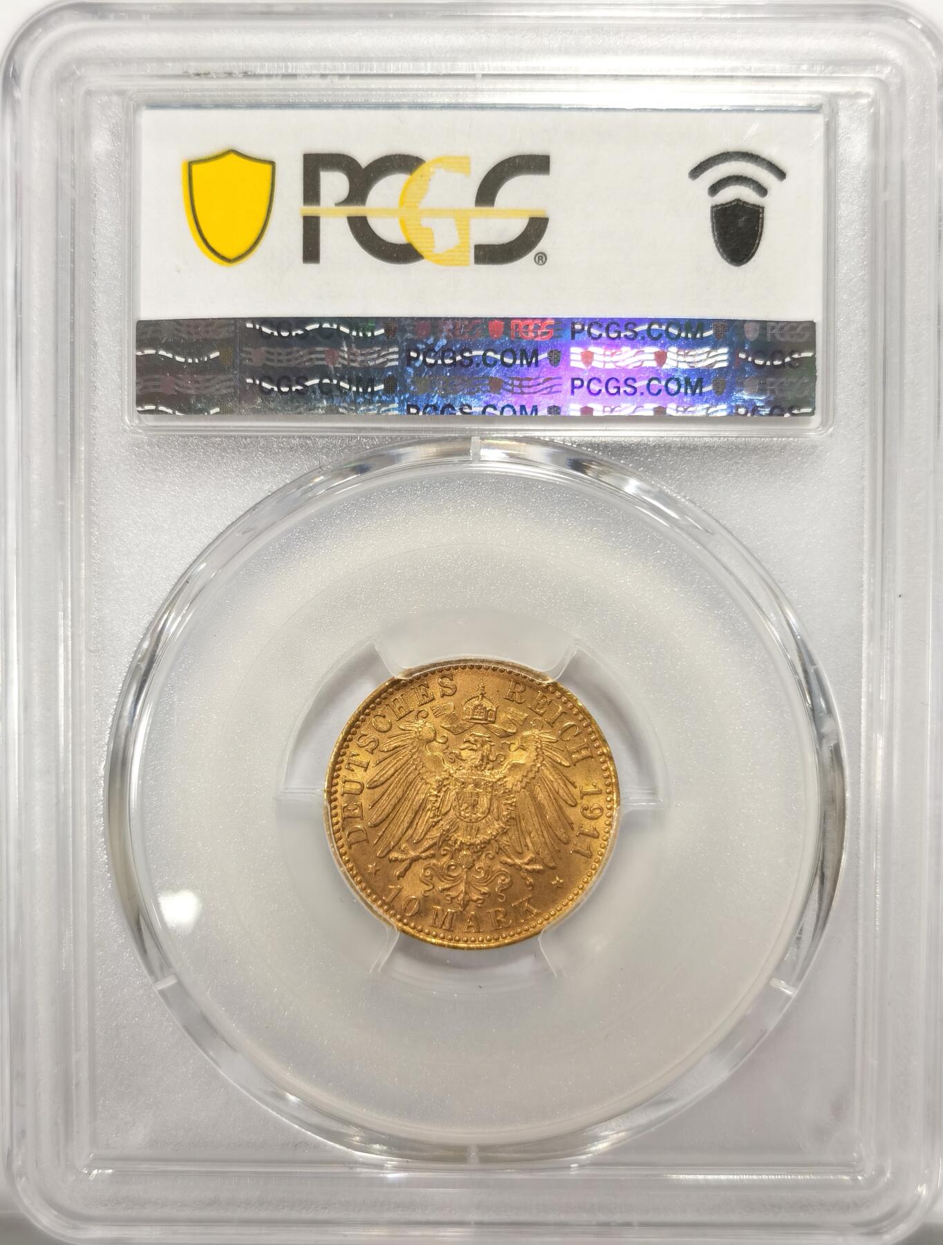 博洋堂“春风得意”四月精品专场暨第120期（全场包邮） PCGS MS67 1911年德国汉堡10马克金币，冠军分！P官网封面币。汉堡金币中20马克常见，10马克非常少见，应该是国内公开市场中第一次出现汉堡10马克金币。1911年也是10马克中的小特年。最近金价暴涨，外拍67以上的德三马克更是涨的离谱，此枚潜力巨大！