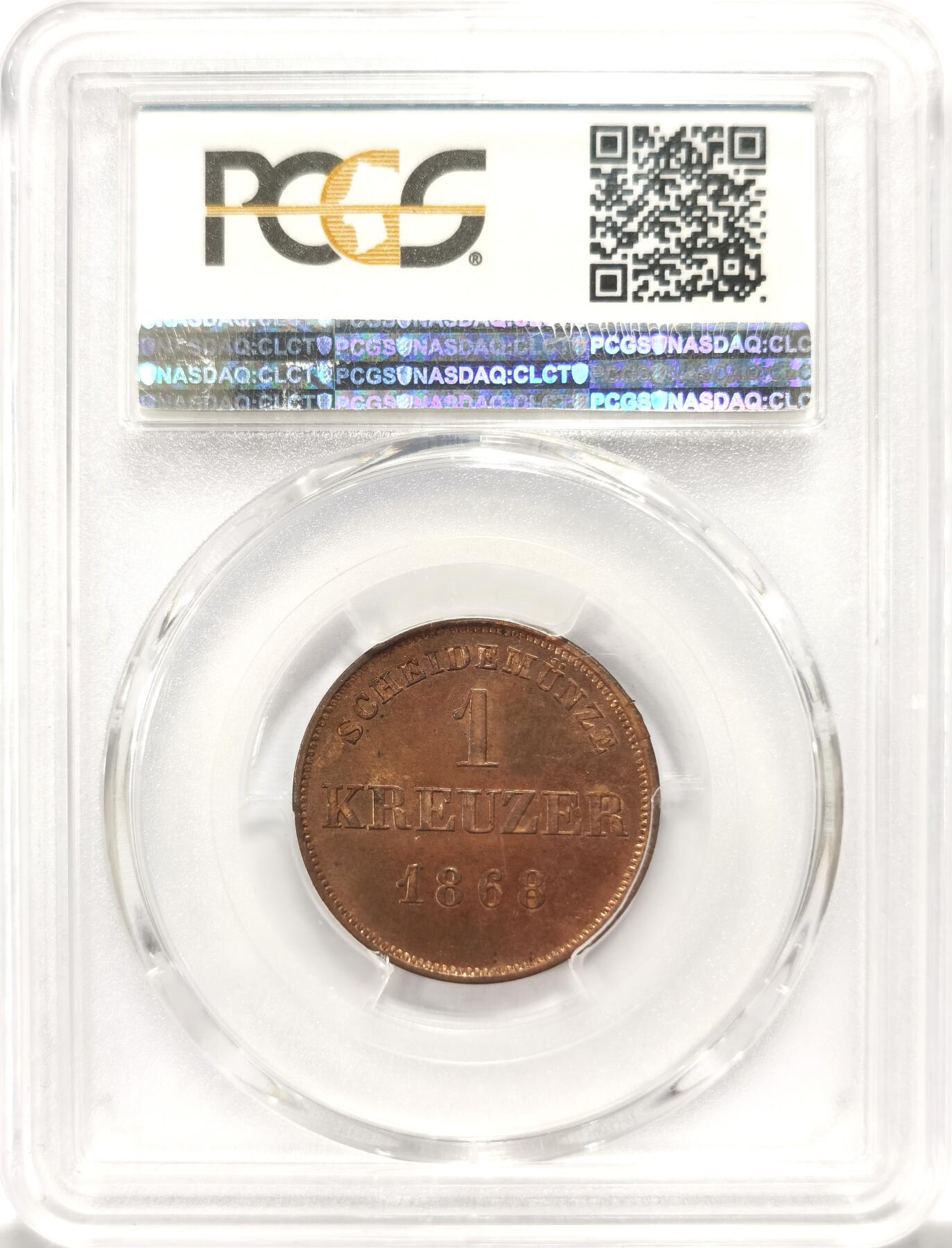 博洋堂“春风得意”四月精品专场暨第120期（全场包邮） PCGS PR64RB 1868年德国施瓦茨堡-鲁道尔斯特精制1克洛泽大铜币，N、P双料唯一冠军分。极为罕见的早期小邦精制币。非常小的邦国，流通币就极为罕见，精制币近20年仅见此枚。此枚镜面底板，红铜光满溢。类似的小邦精制高分RB级别铜辅币近三年外拍曾有1020美元的价格
