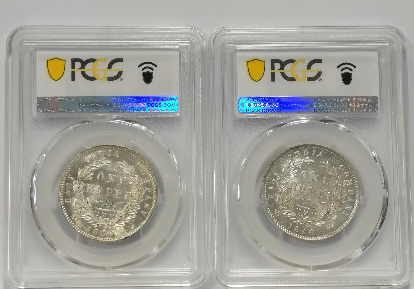 博洋堂“春风得意”四月精品专场暨第120期（全场包邮） PCGS MS62 英属东印度公司1840年维多利亚双辫版1卢比银币2枚一对
