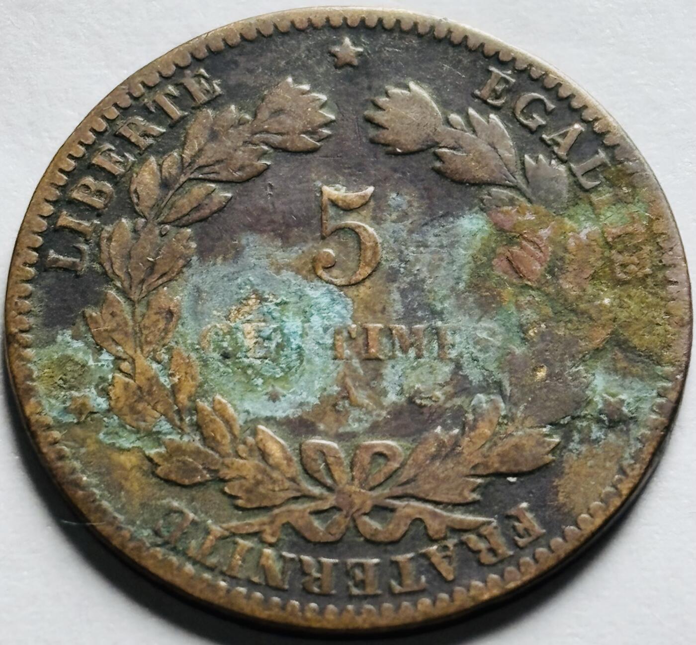 文馨钱币收藏第 240 场，各国老铜币，欢迎关注 极美品 1876 年法国谷物女神 A 版 5 分铜币