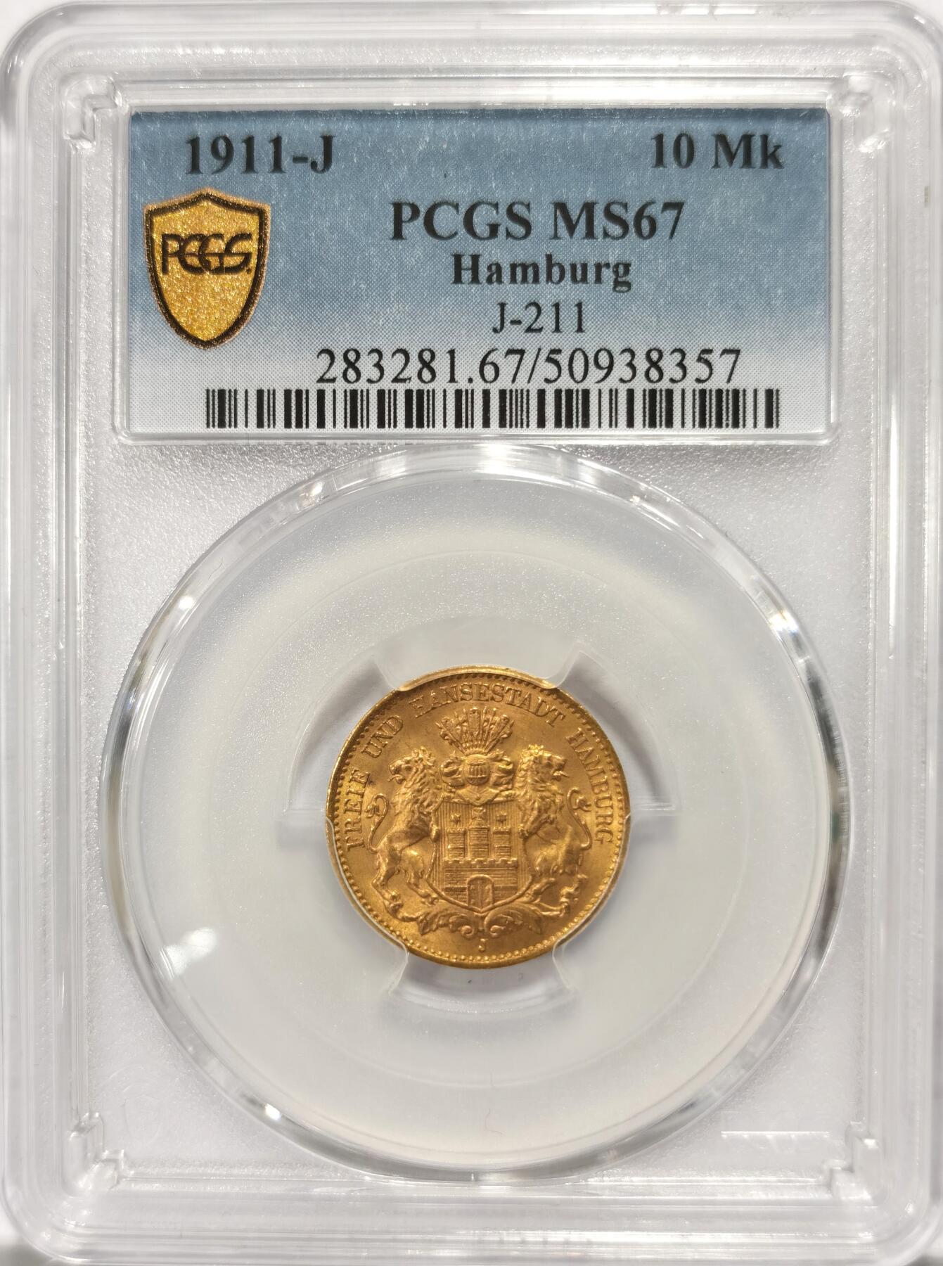 博洋堂“春风得意”四月精品专场暨第120期（全场包邮） PCGS MS67 1911年德国汉堡10马克金币，冠军分！P官网封面币。汉堡金币中20马克常见，10马克非常少见，应该是国内公开市场中第一次出现汉堡10马克金币。1911年也是10马克中的小特年。最近金价暴涨，外拍67以上的德三马克更是涨的离谱，此枚潜力巨大！