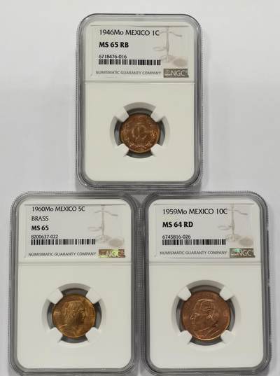 博洋堂世界钱币拍卖第129期（全场包邮） NGC MS64-65 墨西哥1946-1960年1C、5C、10C小鹰洋铜币3枚一组
