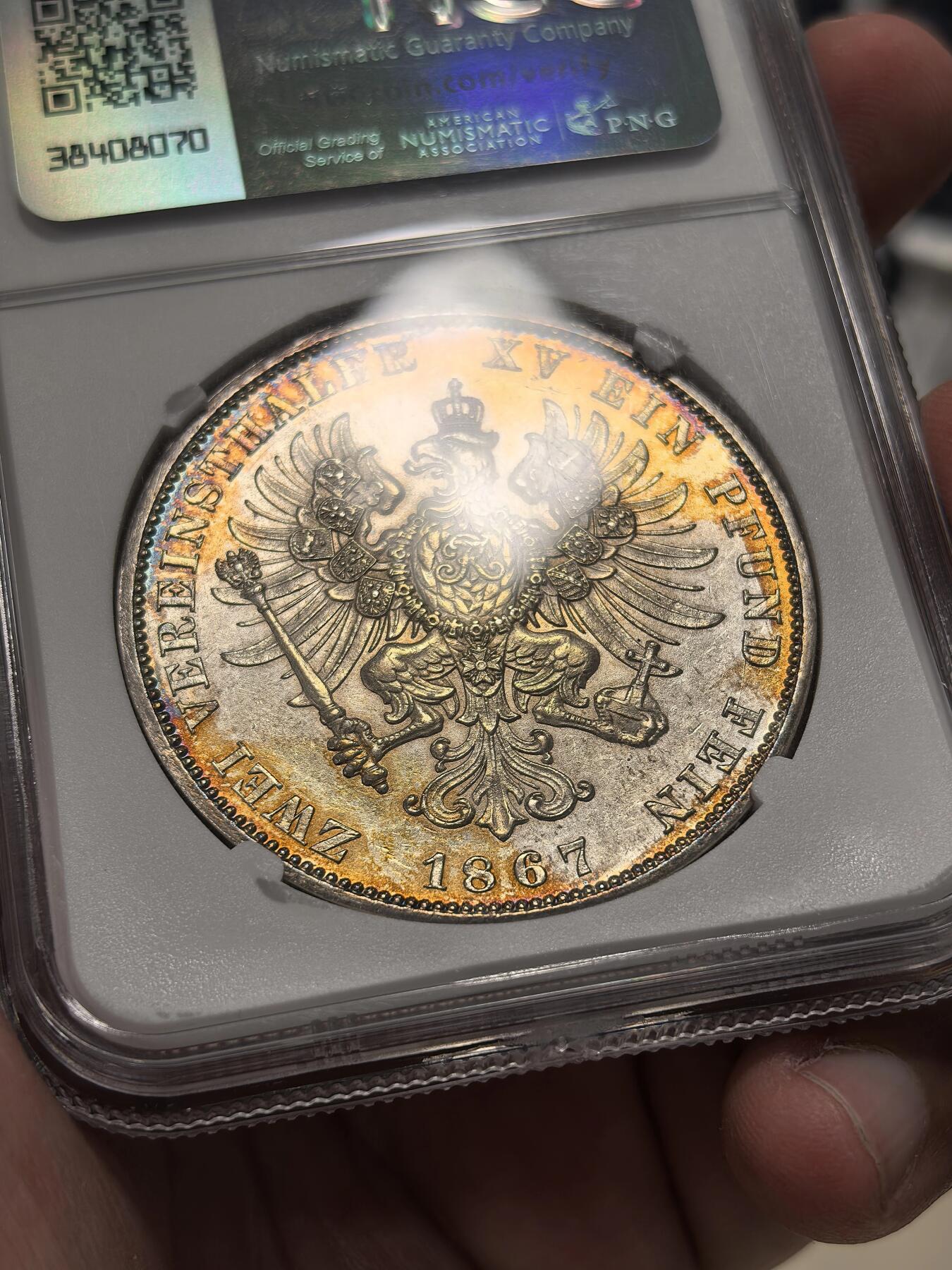 博洋堂“春风得意”四月精品专场暨第120期（全场包邮） NGC MS62 德国普鲁士1867年大鸟2泰勒，法兰克福厂，少见醇厚的五彩包浆。