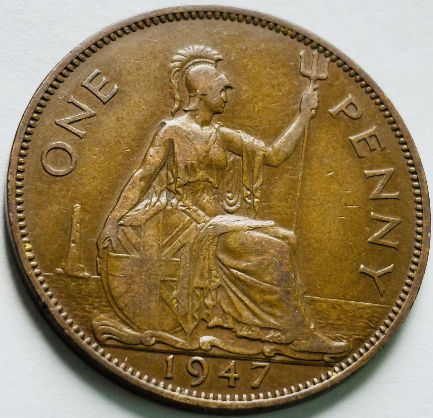 文馨钱币收藏第 240 场，各国老铜币，欢迎关注 极美品 1947 年英国乔治六世 1 便士大铜币