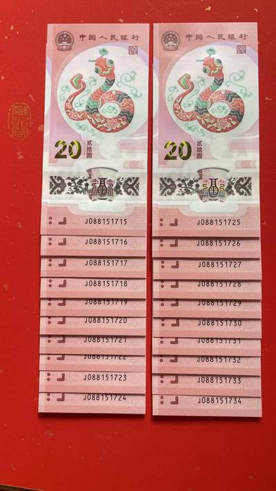2025年蛇年贺岁纪念钞【J088151715-734 20连号】088圆圆国门号开头。北斗号13张 中国梦20张、双喜号2张