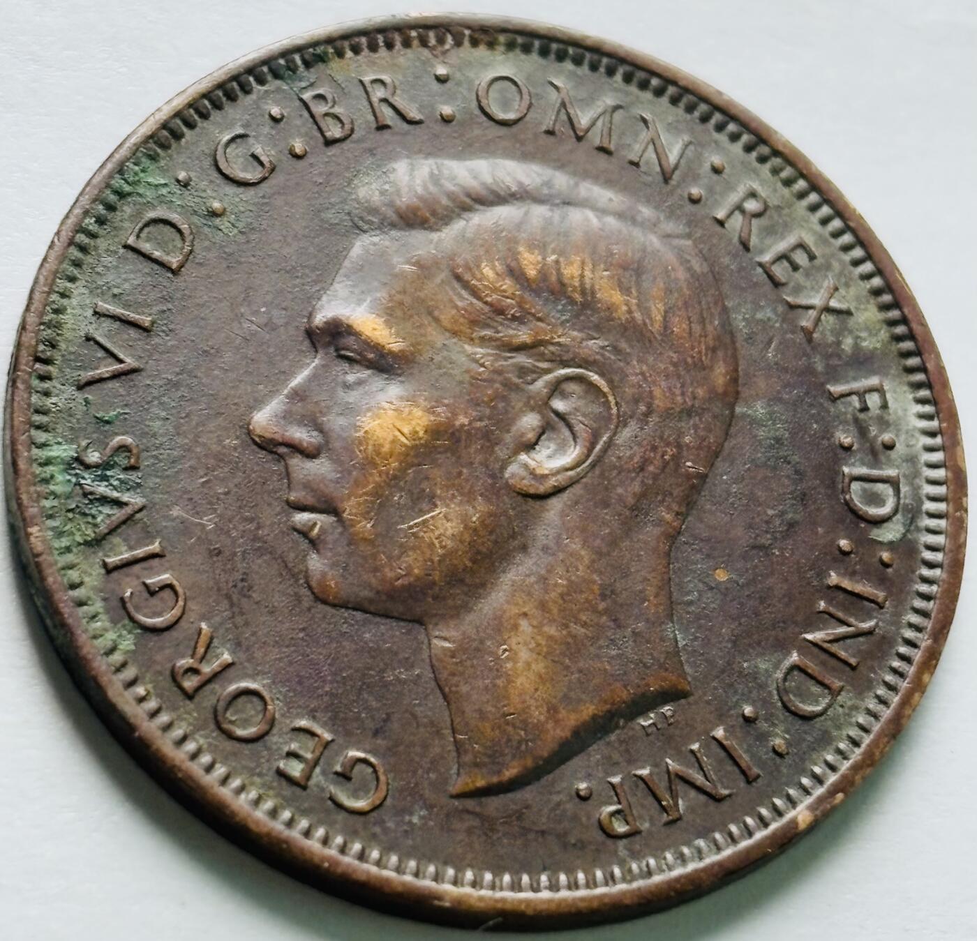 文馨钱币收藏第 240 场，各国老铜币，欢迎关注 极美品 1945 年英国乔治六世 1 便士大铜币
