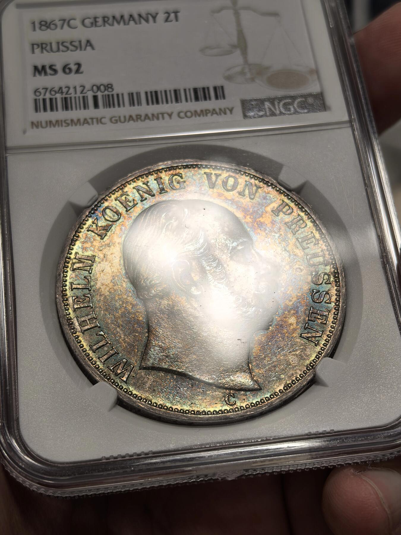 博洋堂“春风得意”四月精品专场暨第120期（全场包邮） NGC MS62 德国普鲁士1867年大鸟2泰勒，法兰克福厂，少见醇厚的五彩包浆。