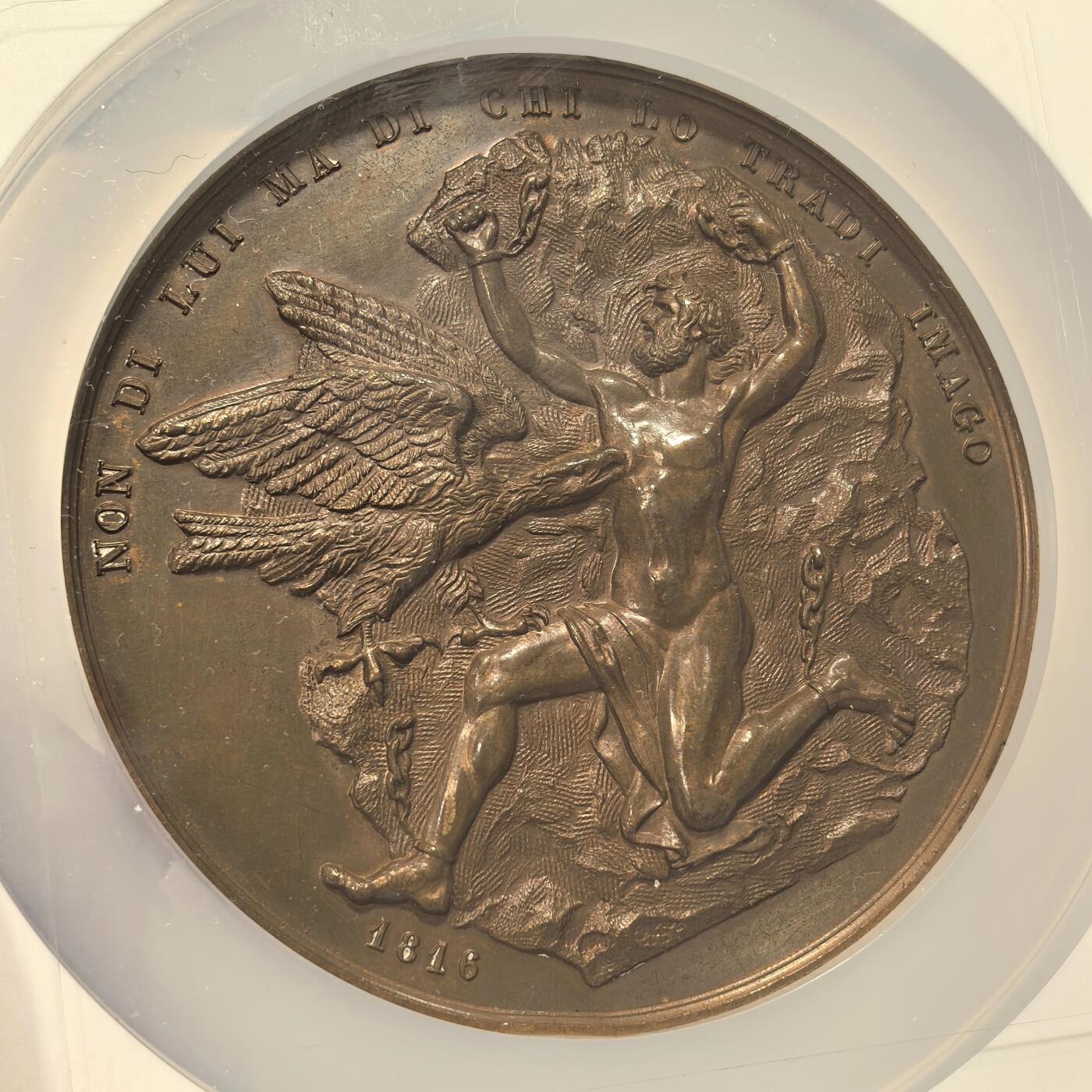 博洋堂“春风得意”四月精品专场暨第120期（全场包邮） NGC MS63 拿破仑1816年超巨大铜章70mm，唯一冠军！背面法兰西之鹰攻击海力克斯，意欲拿破仑遭到放逐。构图精美，体态巨大震撼！