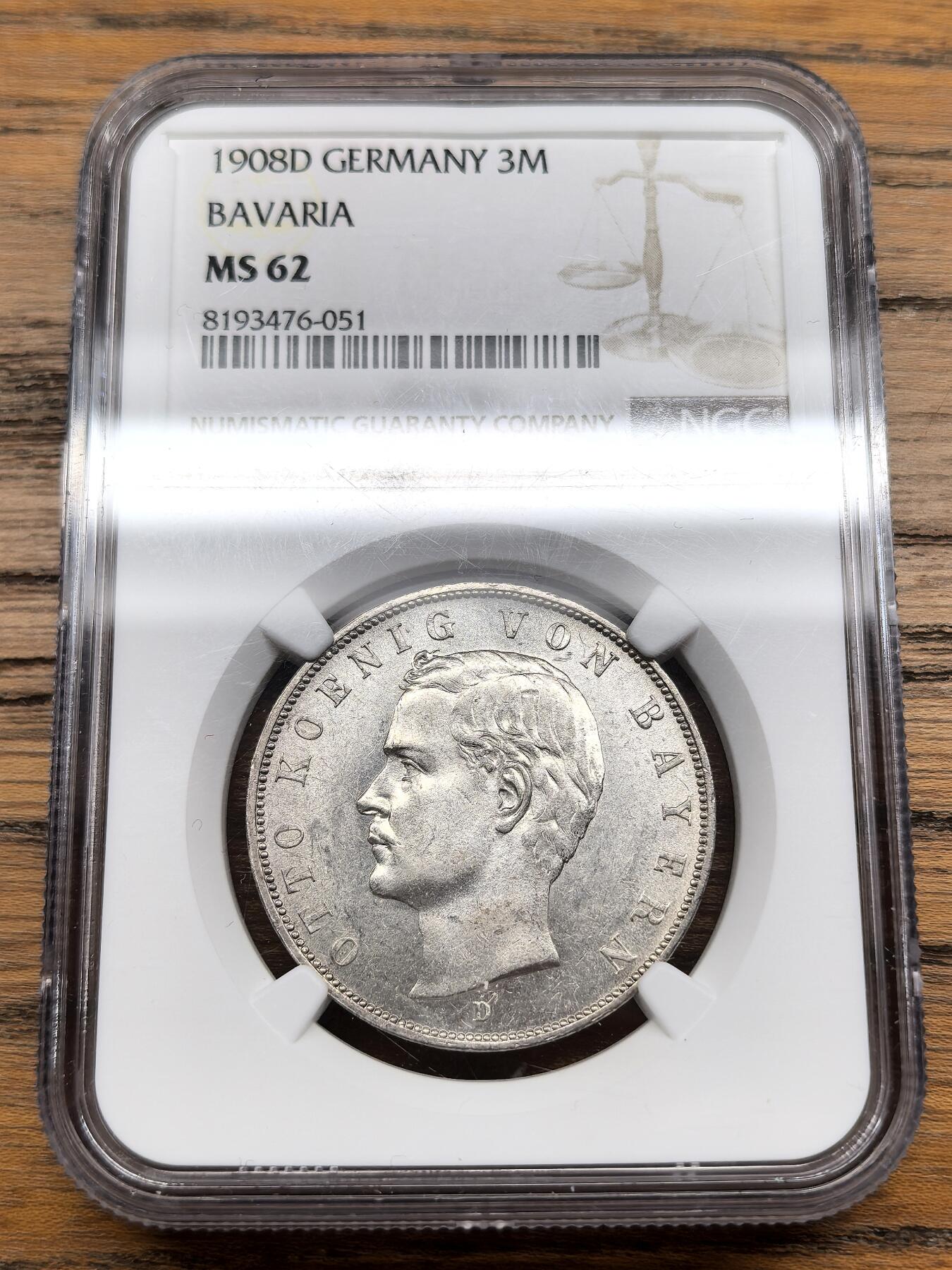 凡希社世界钱币微拍第三百零二期 1908D德国巴伐利亚3马克NGC-MS62