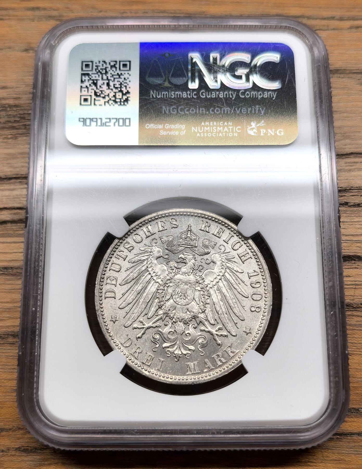 凡希社世界钱币微拍第三百零二期 1908D德国巴伐利亚3马克NGC-MS62
