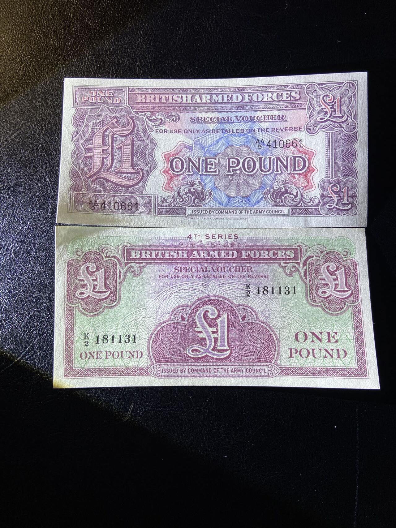 【炜奕收藏】第三十三期，多套精美纸币 英国序列2&序列4军票1镑两张，UNC品相，有一张有小角折