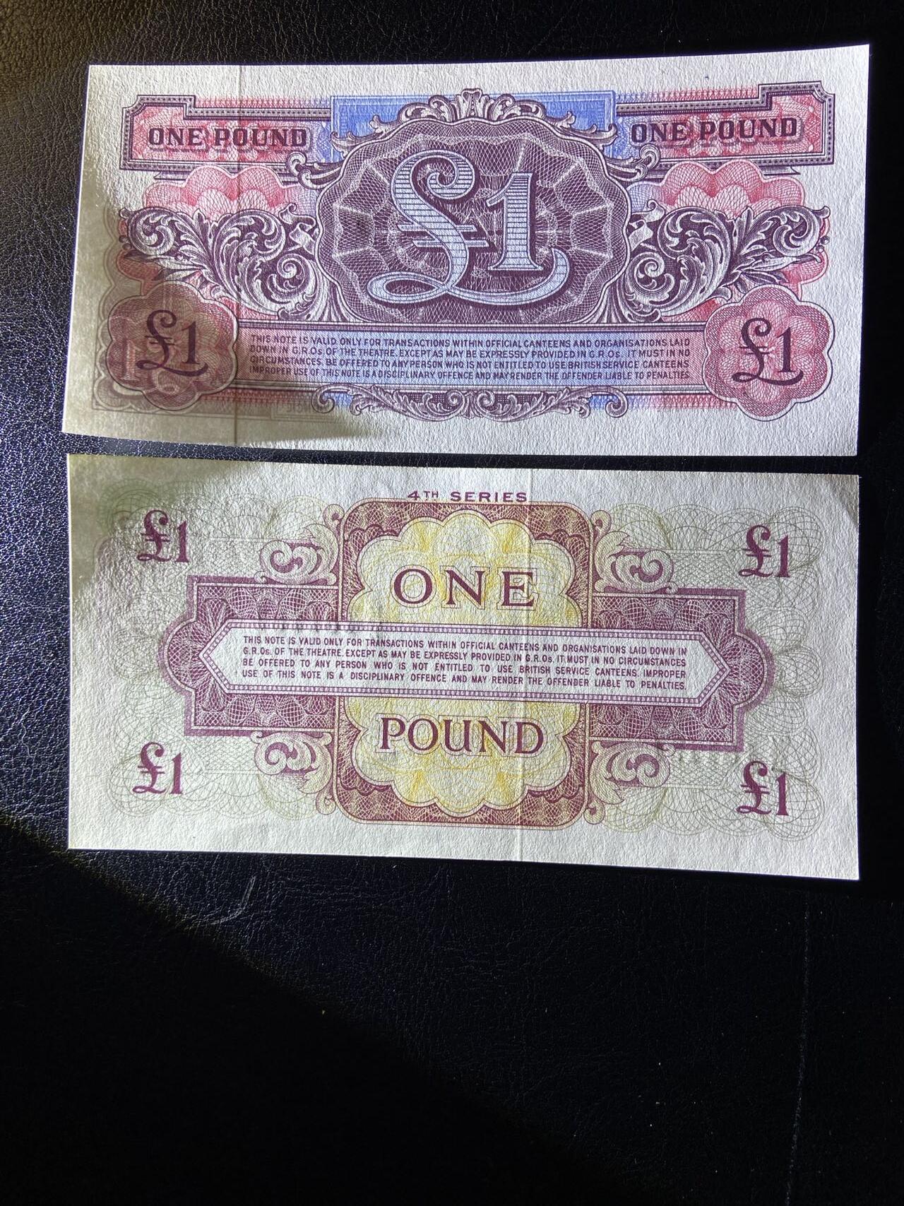 【炜奕收藏】第三十三期，多套精美纸币 英国序列2&序列4军票1镑两张，UNC品相，有一张有小角折