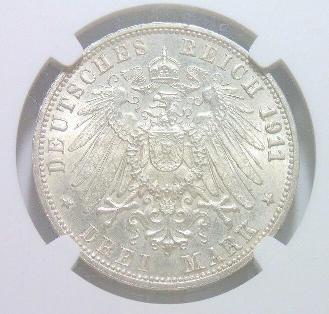 【银】NGC UNC 德国符腾堡1911年 威廉二世银婚3马克银币 开卷原光