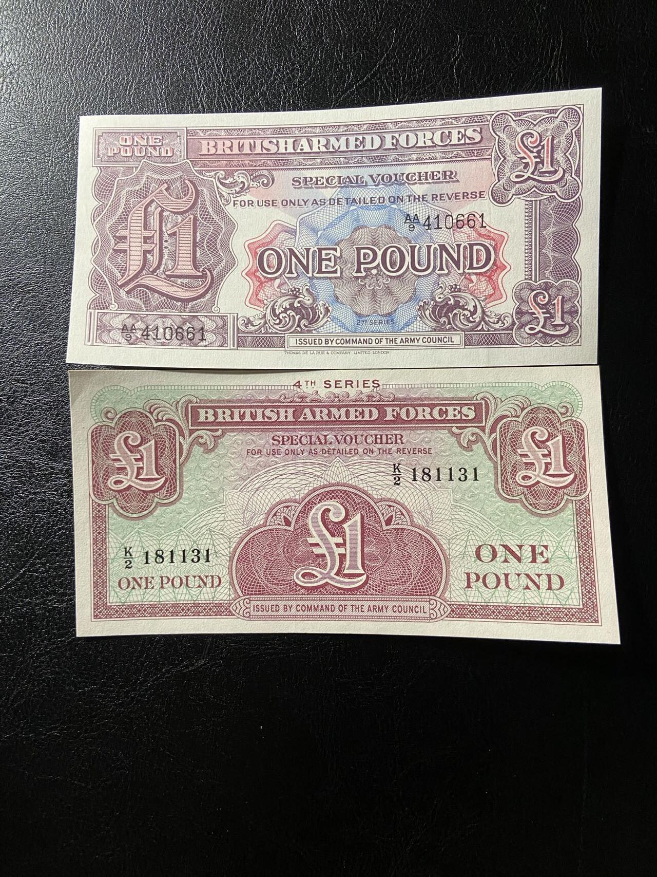 【炜奕收藏】第三十三期，多套精美纸币 英国序列2&序列4军票1镑两张，UNC品相，有一张有小角折