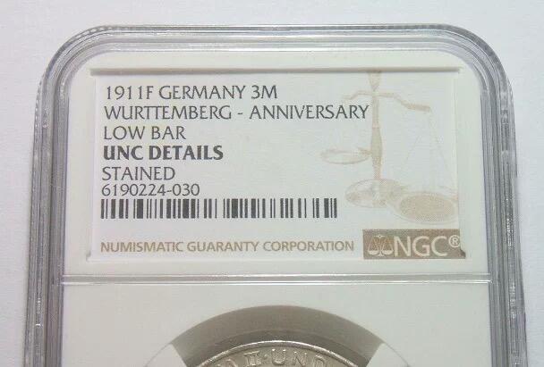 【银】NGC UNC 德国符腾堡1911年 威廉二世银婚3马克银币 开卷原光