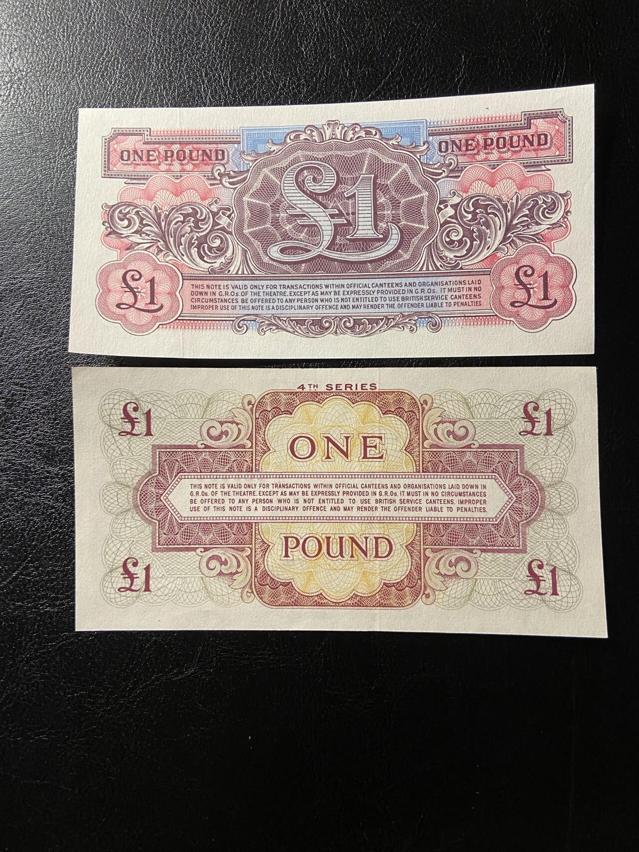 【炜奕收藏】第三十三期，多套精美纸币 英国序列2&序列4军票1镑两张，UNC品相，有一张有小角折