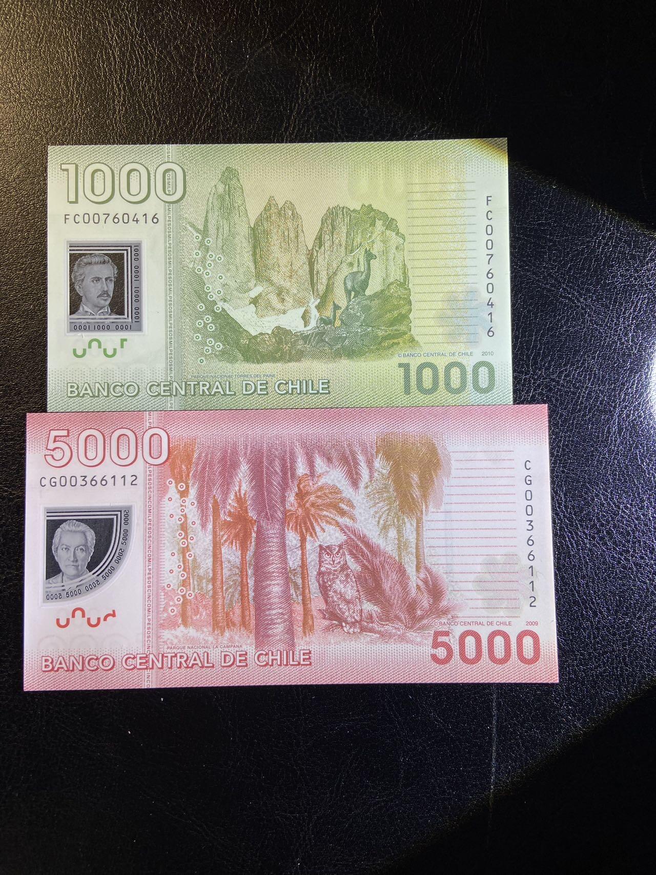 【炜奕收藏】第三十三期，多套精美纸币 智利1000&5000比索，UNC品相，5000比索无47