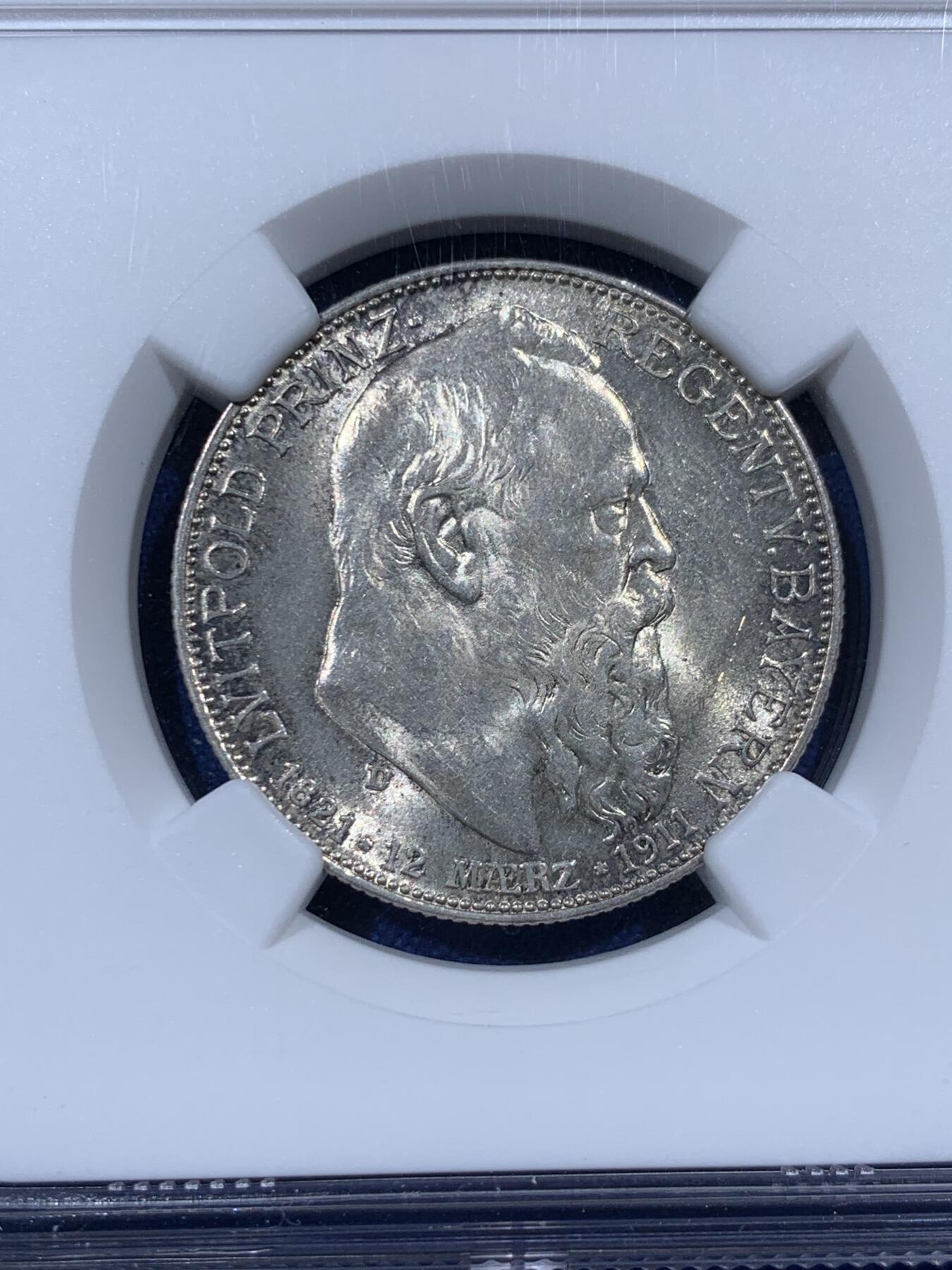 《竞宝斋》第376场 周日，周一 2场连拍 （全场包邮） NGC MS63 德国1911年巴伐利亚利奥波德90诞辰2马克银币