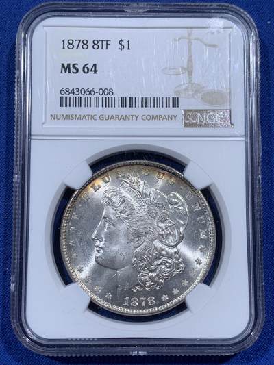 《竞宝斋》第376场 周日，周一 2场连拍 （全场包邮） - NGC MS64 美国 1878 摩根八羽 8tf 名誉品 高分难得