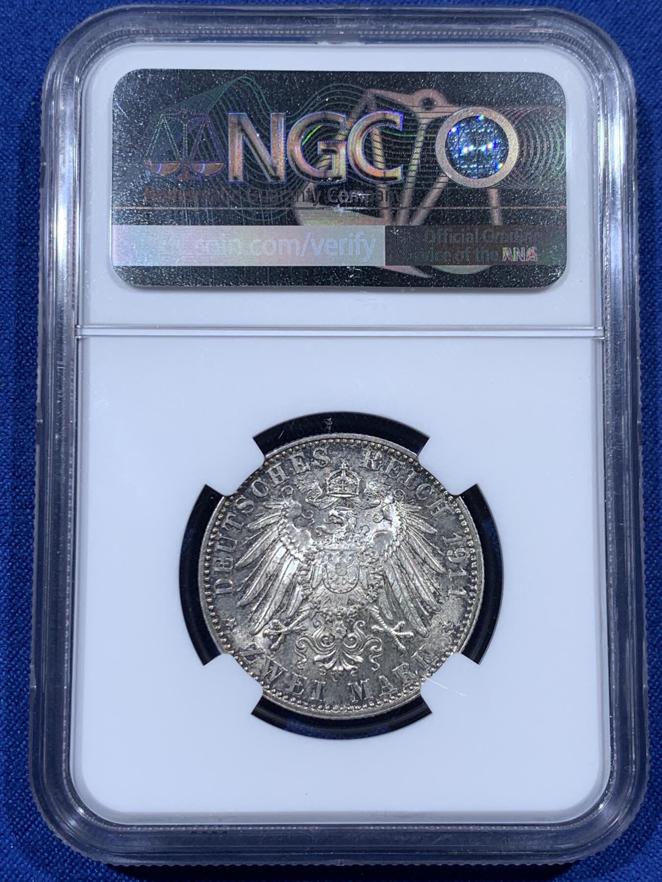 《竞宝斋》第376场 周日，周一 2场连拍 （全场包邮） NGC MS63 德国1911年巴伐利亚利奥波德90诞辰2马克银币