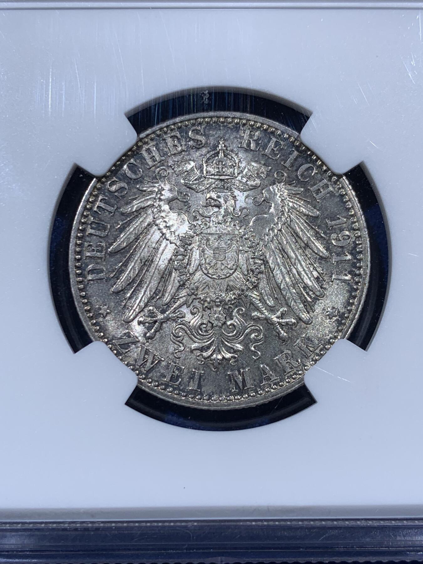 《竞宝斋》第376场 周日，周一 2场连拍 （全场包邮） NGC MS63 德国1911年巴伐利亚利奥波德90诞辰2马克银币