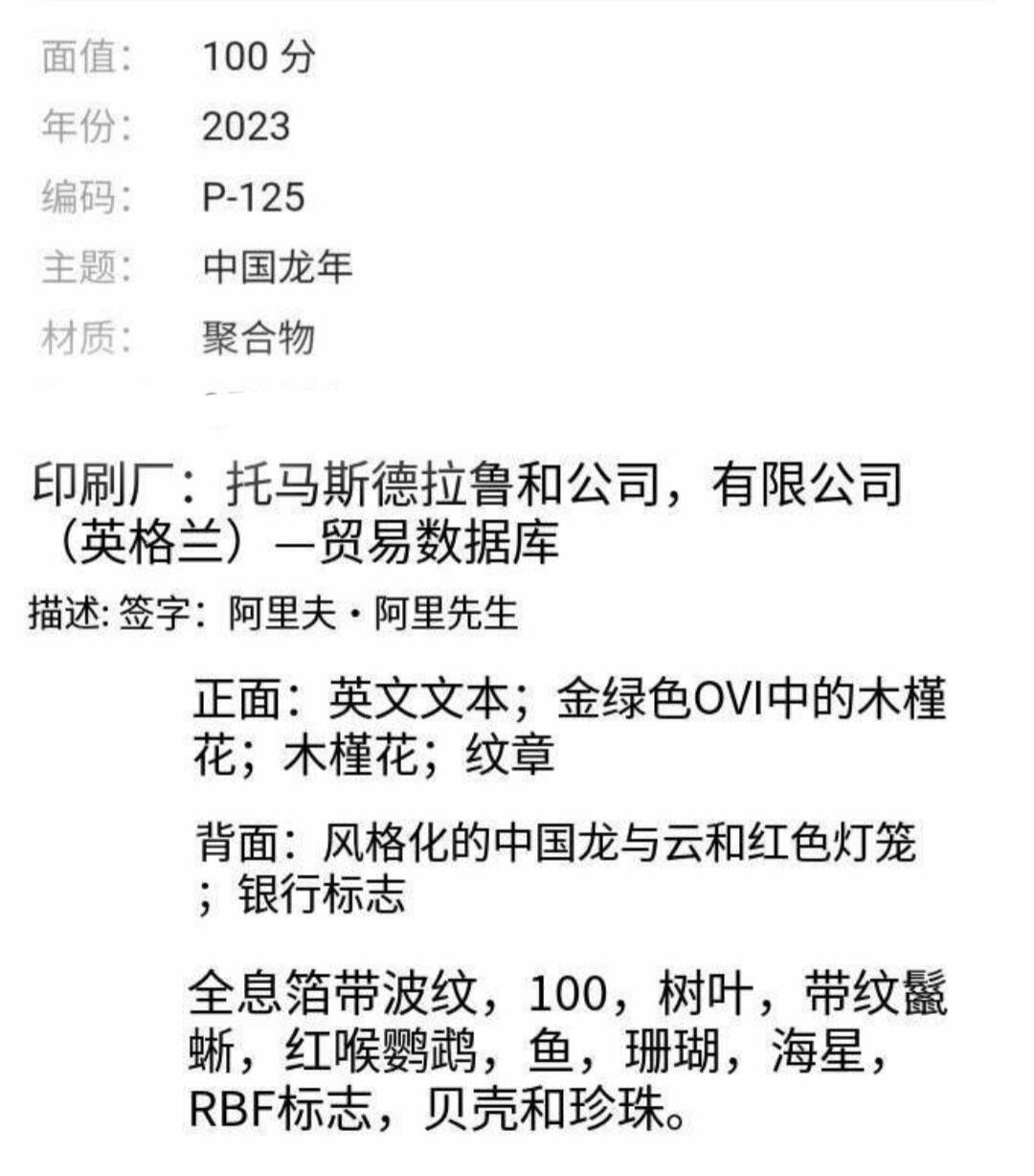 全新2023年斐济纪念中国龙年100分塑料钞（龙珠号、豹子身、年份号）